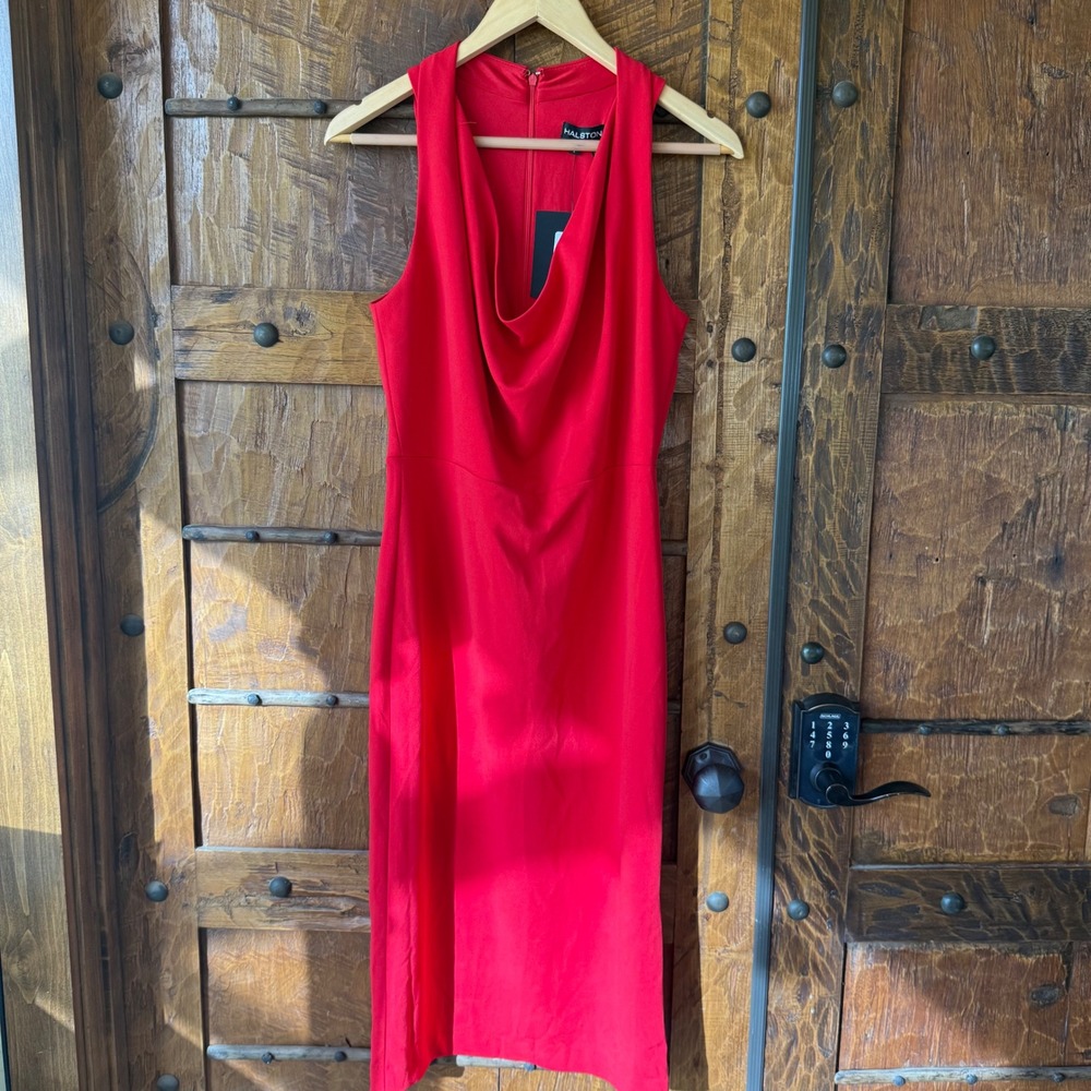 Halston Red Cowl Neck Sleeveless Sheath Midi Evening Dress Formal‎ Womens 4 NEW